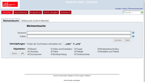 Screenshot der Archivalien-Datenbank im Internet