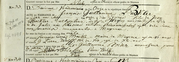 Geburtseintrag von Wilhelm Bückler, dem Sohn des Schinderhannes, 2.10.1804