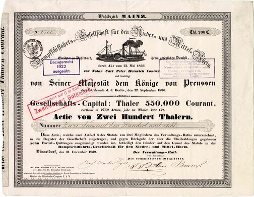 Aktie der "Dampfschiffahrts-Gesellschaft für den Nieder- und Mittel-Rhein, Wahlbezik Mainz" von 1839