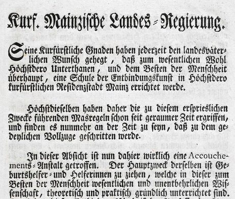 Landesherrliche Verordnung über die Gründung des Accouchement 1784