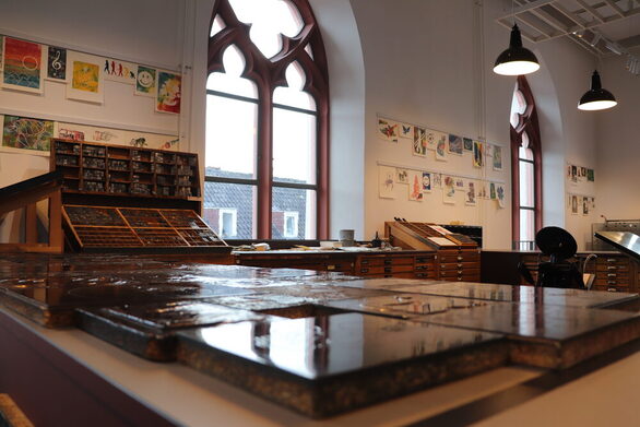 View into the Print Shop of the Gutenberg Museum.