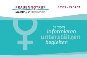 Flyer des Frauenotrufs in türkis mit Logo &copy; Frauennotruf Mainz e.V.